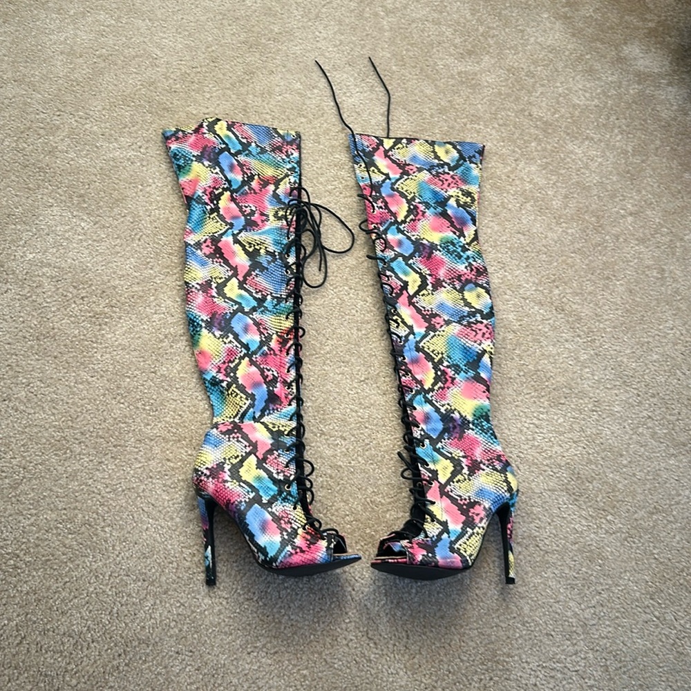 Rainbow snakeskin thigh high boots